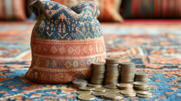 صورة تعبيرية تجسد مفهوم المال في الإسلام وحديث نعم المال الصالح للمرء الصالح، تظهر حقيبة نقود منسوجة وأكواماً من العملات المعدنية القديمة على سجاد شرقي فاخر