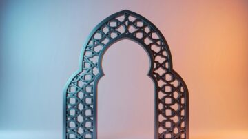 Minimalist Moroccan silver geometric arch design on a white background, symbolizing the ascending levels of worship and spiritual excellence in Islam.