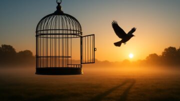 A bird flying out of a cage against a sunset, symbolizing the soul breaking the chains of lust and finding spiritual freedom through Allah's mercy.