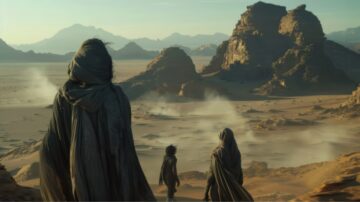 Cloaked figures overlooking a vast desert valley representing the early Muslims' endurance in Makkah.
