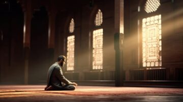 A Muslim praying in a mosque, seeking how to wipe out sins in Islam through sincere devotion.