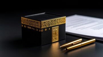صورة فوتوغرافية لمجسم الكعبة باللونين الأسود والذهبي بجانب عقد يتم توقيعه، تعبر عن مفهوم ما عال من اقتصد والبركة في التوازن المالي