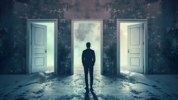 Silhouette of a traveler standing before multiple illuminated doorways, symbolizing the spiritual journey and the quest for divine guidance on the way to Allah