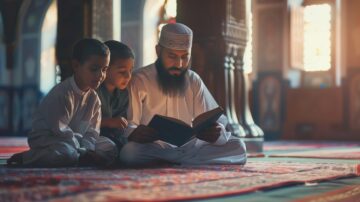 Father and children reading Quran together; Prophetic parenting concept.