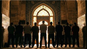 Muslim congregational prayer in a historic masjid as a vibrant third space, featuring traditional Islamic architecture and stained glass windows