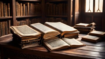 مجموعة من المجلدات والكتب المفتوحة على مكتب، تعبر عن البحث العلمي في ضوابط وأحكام رواية الحديث بالمعنى