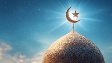 Muslim mosque minaret and copper dome with Islamic crescent symbol, representing Ramadan and the meaning of La ilaha illa Allah.