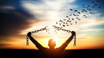 شخص يقف silhouetted ضد غروب الشمس، مرفوعًا سلاسل مكسورة في الهواء. الطيور تطير بحرية في السماء، مما يرمز إلى التحرر والأمل.