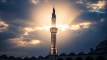 مئذنة مسجد تتلألأ بأشعة الشمس خلفها، مع سماء غائمة تعكس الضوء بشكل دراماتيكي. تعبر الصورة عن جمال العمارة الإسلامية والهدوء الروحي.