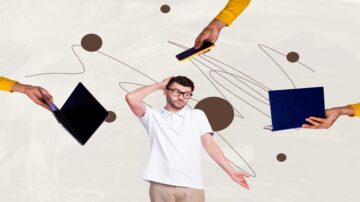 رجل يرتدي قميصًا أبيض ويظهر عليه الحيرة، محاطًا بأيدٍ تحمل أجهزة كمبيوتر محمولة وهواتف، مع خلفية تحتوي على أشكال وخطوط غير منتظمة، تعبر عن الفوضى في التكنولوجيا.