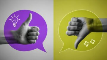 يد تظهر إبهامًا لأعلى في مربع حوار بنفسجي مع رمز لمبة، وإبهامًا لأسفل في مربع حوار أصفر مع رمز غضب، تعبير عن الآراء المتضاربة.