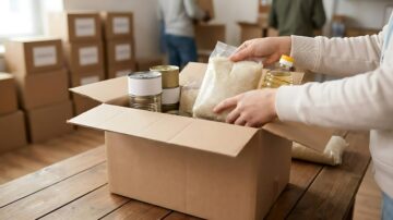 صورة تظهر شخصًا يضع كيسًا من الأرز وزجاجة زيت داخل صندوق كرتوني مفتوح، بينما تظهر صناديق كرتونية أخرى في الخلفية، مما يدل على نشاط تعبئة المواد الغذائية.