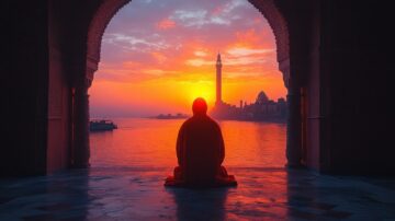 شخص يجلس في تأمل أمام غروب الشمس، مع برج مائي يظهر في الأفق. الألوان الدافئة تضيء المشهد من خلال قوس معماري. مشهد هادئ يعكس جمال الطبيعة والروحانية.