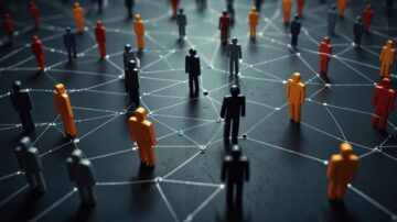 مجموعة من الشخصيات الملونة تتوزع على سطح مظلم، مع خطوط تربط بينها، مما يرمز إلى التواصل والشبكات الاجتماعية. الألوان تشمل الأسود والرمادي والبرتقالي، مما يبرز التنوع في التفاعل.