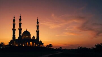 A symbolic silhouette of a father and son walking toward a mosque at sunset, representing the transmission of the Al-Wala' wa'l-Bara' creed and Islamic identity