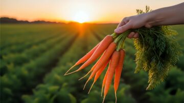 Freshly harvested carrots held by a farmer at sunset, illustrating the Islamic ethics of consumption and the concept of Halal and Tayyib sourcing.