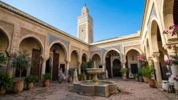 A serene courtyard in a historic Moroccan building featuring intricate archways, a central fountain, and lush potted plants. The backdrop includes a tall mosque minaret under a clear blue sky. Visitors dressed in traditional attire explore the space, highlighting the architectural beauty and cultural significance of the area.