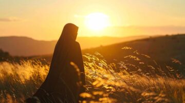 found Islam through trials: A woman in a hijab looks toward the light, symbolizing a spiritual journey out of darkness and hardship.