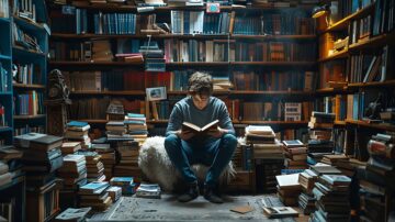 شخص شاب يجلس في مكتبة محاطة برفوف مليئة بالكتب، يقرأ كتابًا بتركيز. الأرض مغطاة بكتب متراكمة، مع أجواء دافئة ومريحة تعكس حب القراءة.