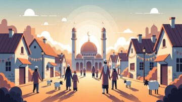 تصميم فني يظهر قرية تقليدية مع مسجدي في الأفق، حيث يتجول الناس بين المنازل، مع وجود حيوانات مثل الأغنام. السماء تتلألأ بألوان الغروب، مما يخلق جوًا هادئًا ومليئًا بالروحانية.