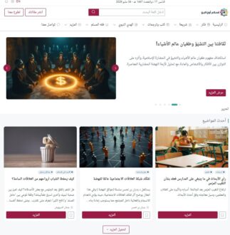 صورة تعرض مجموعة من الأشخاص حول دائرة مضيئة تشير إلى المال، مع التركيز على موضوع الأعمال والتمويل. في الأسفل، مقالات متنوعة تتعلق بالتجارة، والاقتصاد، والتعليم، مع صور رمزية تمثل كل مقال.