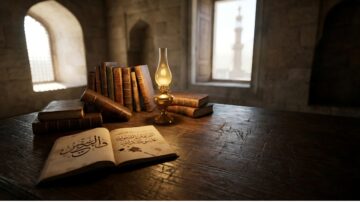 صورة تعبر عن محاذير النقد عند المحدثين عبر مكتب عتيق عليه مخطوطة عربية ومصباح زيت، وخلفية تظهر مئذنة