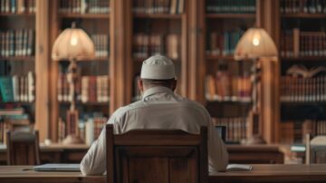 A young Muslim student representing Ahl al-Hadith methodology at a wooden desk in a library, surrounded by bookshelves under warm lighting.