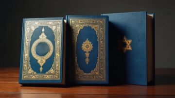 Three ornate blue books with gold detailing on a wooden surface, used to study the theological danger of Shirk in Islam and pure monotheism.