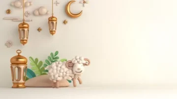 Mouton en peluche sur fond neutre avec des lanternes dorées, des nuages et une lune décorative. Ambiance douce et festive, idéale pour célébrer des occasions comme l'Aïd. Éléments de décoration modernes et colorés.