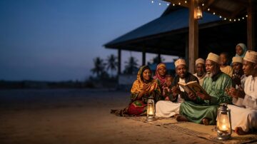 A group in traditional attire reading religious texts outdoors by lantern light, representing the balance of faith vs. culture in Islam.