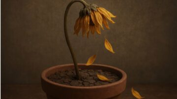 A wilted sunflower with drooping petals stands in a clay pot of dry soil against a dark background, symbolizing the emotional struggles explored in how Islam deals with sadness and worry