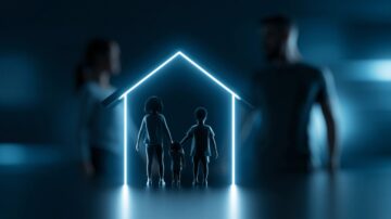 A glowing house outline protecting a family in the dark, symbolizing Islamic parenting in the digital age.