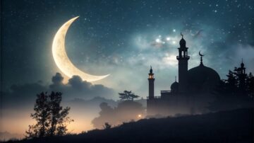 Monotheism in the Da'wah of Adam: Silhouette of a mosque against a starry night sky featuring a large crescent moon.