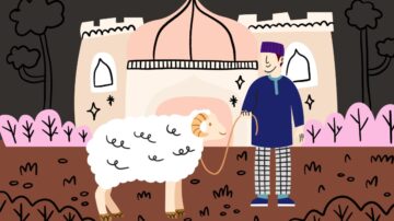 Significance of Eid al-Adha: A person in traditional attire stands next to a white sheep, holding its leash.