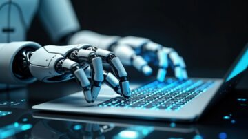 يد تظهر يد روبوتية تكتب على لوحة مفاتيح مضيئة، مع خلفية داكنة تعكس تطور الذكاء الاصطناعي والتكنولوجيا.