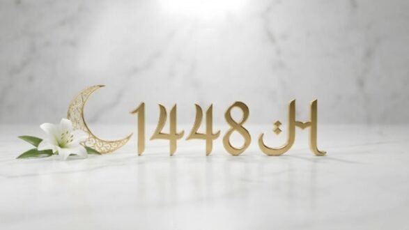 رمز السنة الهجرية 1448 مع هلال وزهرة بيضاء تعكس الأناقة والروحانية.