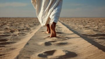 رجل يسير barefoot على رمال صحراوية، آثار الأقدام خلفه تبرز على السطح الناعم. السماء زرقاء مع سحب قليلة، والمنظر يوحي بالهدوء والتأمل.
