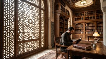 رجل يجلس على طاولة خشبية في مكتبة فخمة، يقرأ كتابًا. خلفه نافذة مزخرفة تضيء المكان، والكتب مرتبة بعناية في الرفوف. الأجواء تعكس طابعًا تقليديًا ودافئًا.