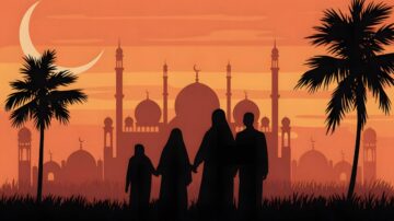 عائلة تتجول في غروب الشمس أمام مسجد كبير، مع silhouettes لأشجار النخيل. السماء ملونة بألوان دافئة مع هلال واضح. مشهد يعكس جمال الثقافة الإسلامية.