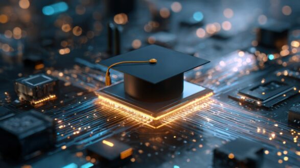 قبعة تخرج سوداء فوق رقاقة كمبيوتر مضيئة، مع تفاصيل معقدة للدوائر الإلكترونية، تعبر عن تداخل التعليم والتكنولوجيا.