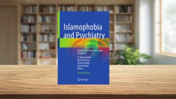 غلاف كتاب "الإسلاموفوبيا والطب النفسي: التعرف على المشكلة والوقاية والعلاج" من تحرير ه. ستيفن وولف وجون ر. بتيت وأحمد حنفي ورانيا عواد، الإصدار الثاني، منشورات سبرينغر، مع خلفية مكتبة منزلية.