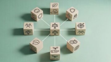 Circular diagram of wooden blocks representing interconnected Ethical Marketing principles: sustainability, health, community, protection, and communication.