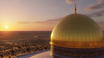 قبة ذهبية لموقع تاريخي إسلامي في الصحراء مع غروب الشمس في الخلفية، يعكس جمال العمارة الإسلامية ويستحضر الأجواء الروحانية المرتبطة بـ فضائل يوم عاشوراء والتاريخ الهجري