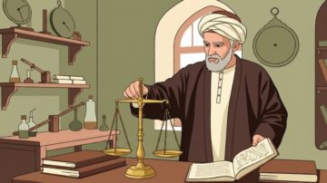 رجل مسن يرتدي ملابس تقليدية يقف في مكتب يحتوي على أدوات علمية وكتب. يحمل ميزانًا بيده اليمنى ويقرأ كتابًا بيده اليسرى. الخلفية تظهر نوافذ وقضبان لعرض الأدوات المستخدمة في التجارب.