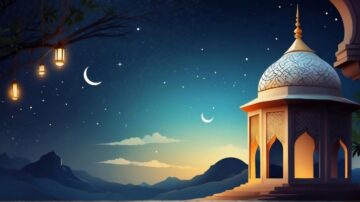 جسيد بصري لأجواء شهر الله المحرم المبارك، يظهر قبة معمارية تقليدية مضاءة بنور دافئ تطل على مياه جارية تعكس أضواءها