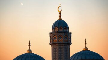 A serene sunset over an ornate mosque dome with a crescent moon, capturing the beauty of Islamic architecture and serving as a visual reminder of hope when life gets harder after repentance.