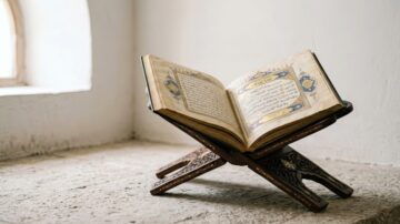 حديث الصدقة الجارية: نقش خشبي مزخرف بشكل قوس مع أنماط هندسية معقدة ومضاء بشكل ناعم يظهر تفاصيل دقيقة في التصميم.