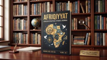 Cover of the AfrIQIYYAT African Strategic Studies Journal, featuring a stylized map of Africa with icons representing various themes. The journal is placed on a wooden desk in a library setting, surrounded by bookshelves filled with books. The cover includes the title, volume number, and issue date, emphasizing its focus on African studies and consultations.