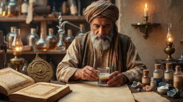 رجل مسن ذو لحية وشعر رمادي يرتدي عمامة يجلس أمام طاولة تحتوي على كتب قديمة وزجاجات ملونة. في يده كوب يحتوي على مشروب، بينما يضيء الشموع الموجودة حوله. الأجواء تعكس طابع العصور القديمة والعلوم.