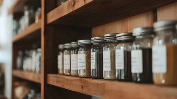 Neatly arranged glass jars of spices on wooden shelves, showcasing modern convenience in Islam through kitchen organization.